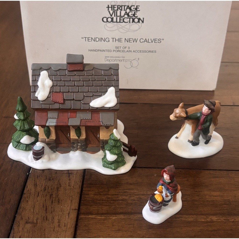 Department 56 Heritage Village Tending the New Calves Set of 3 Porcelain EUC